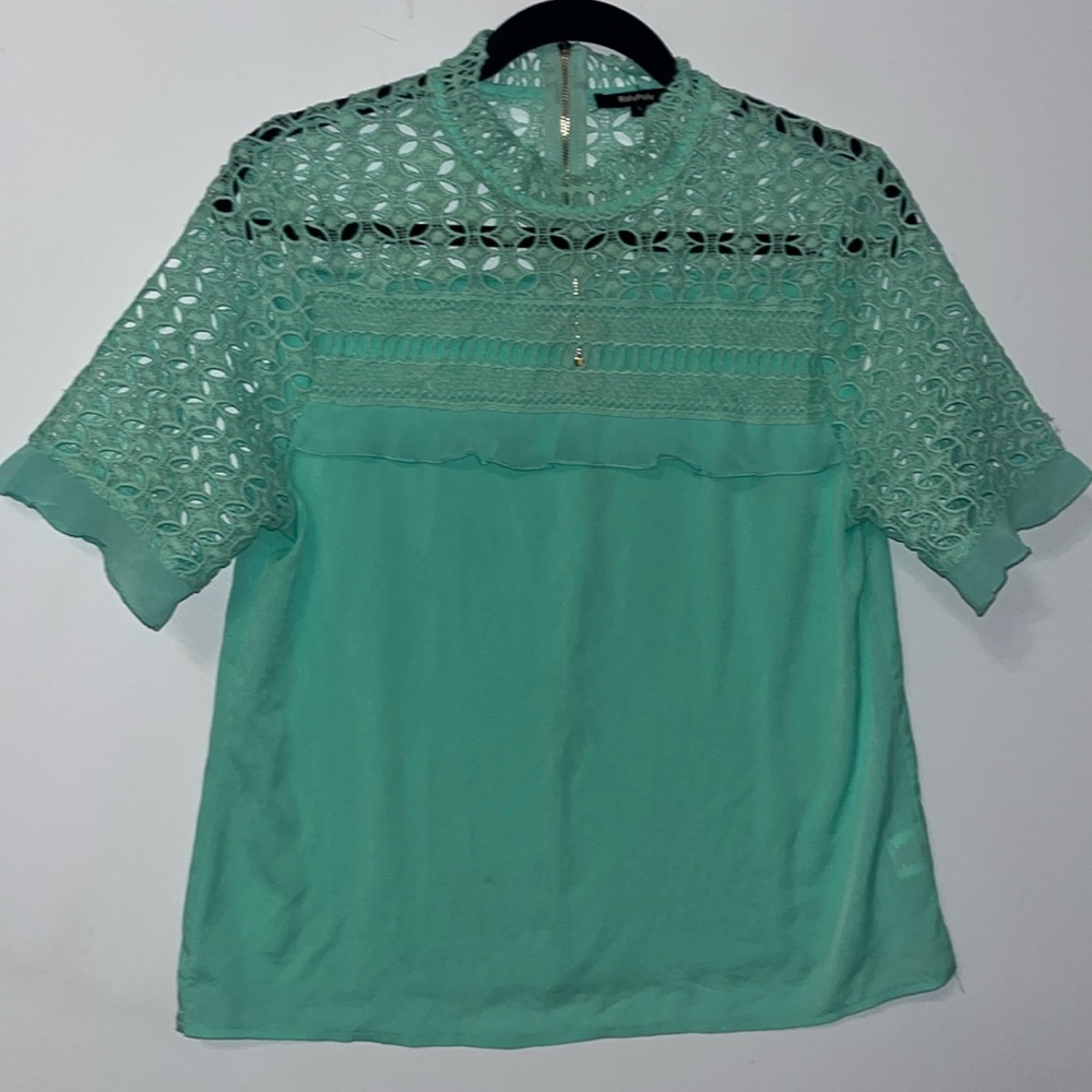 Women’s Short Sleeve RolyPoly Chiffon Top Lace Embroidered Mint Julep Color Sz L